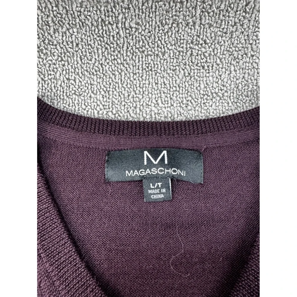 Magaschoni Sweater Mens Large Tall L/T Burgundy 100% Wool V-Neck Fine Knit